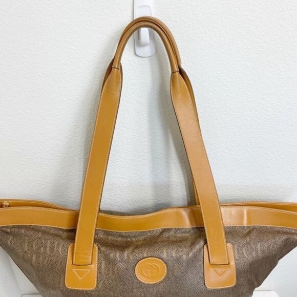 Gucci Vintage Trapezoid Canvas Logo Monogram Tan Gold Leather Tote Bag - Picture 10 of 15